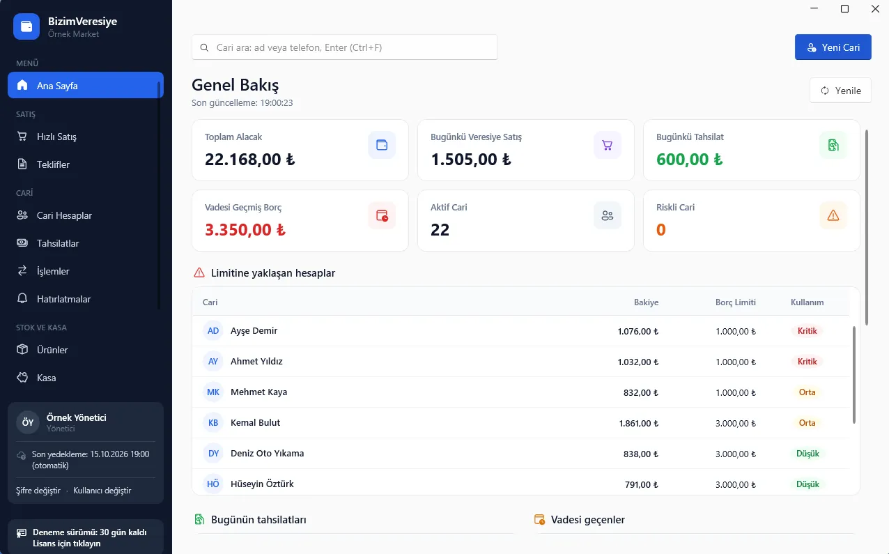 BizimVeresiye ana sayfası: günün satışları, tahsilatlar ve kasa özeti